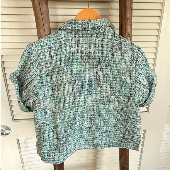 Zara Tweed Top Short Sleeve Button Up Green Blue White Boxy Blouse Size S - Picture 3 of 5